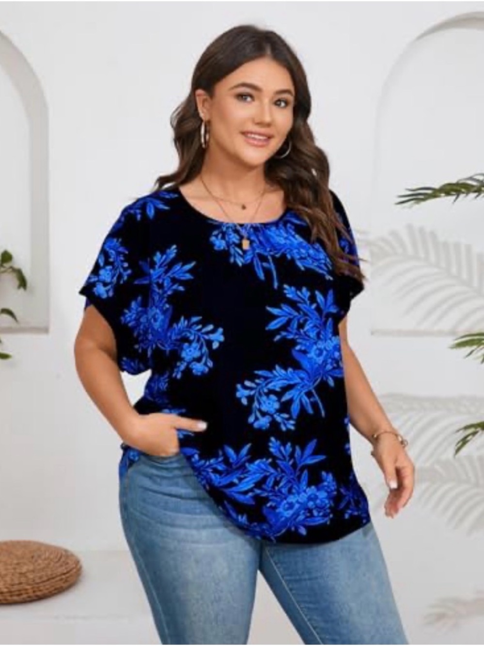 SCOMCHIC Plus Floral Print Short Sleeve Pleated Crewneck Flowy Shirt -2X NEW